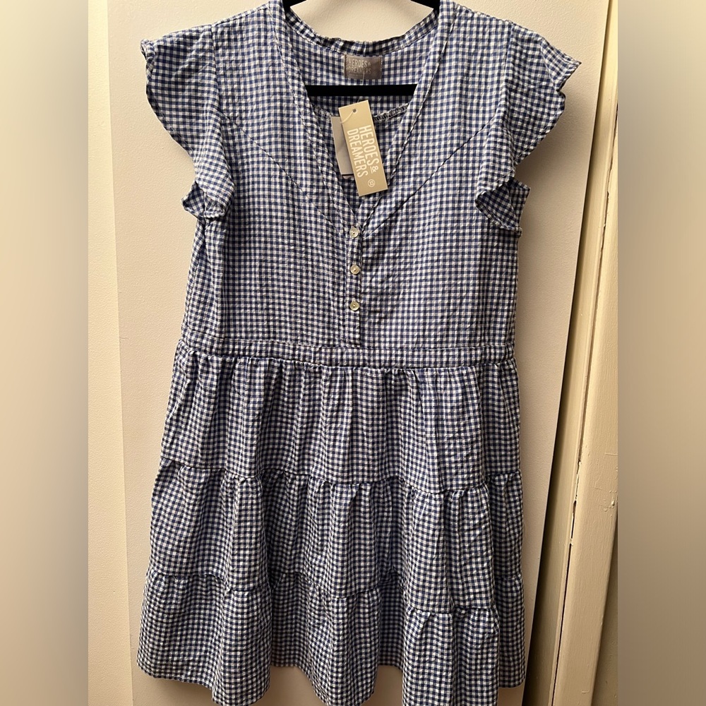 NWT Hero&Dreamers blue gingham tiered dress. Size XS
